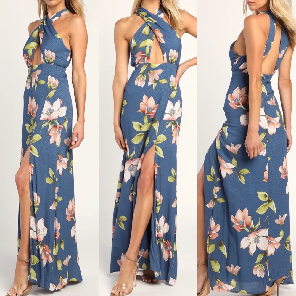 Blue Floral Print Cutout Halter Maxi Dress- XSmall